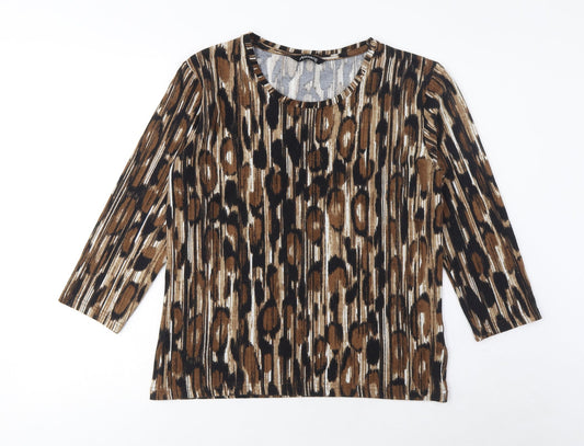 Alexara Womens Brown Geometric Polyester Basic T-Shirt Size 10 Crew Neck