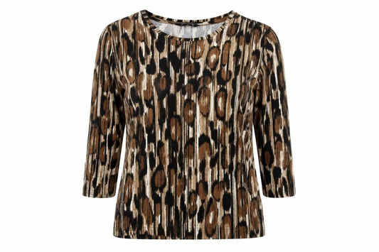 Front view of Alexara women’s brown geometric polyester basic t-shirt, size UK 10, crew neck