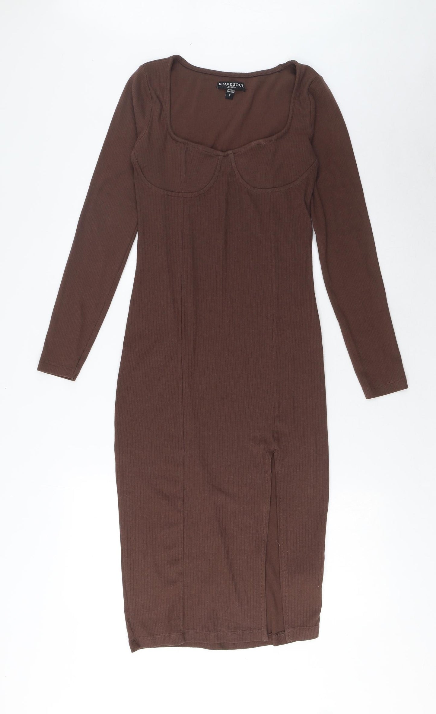 Brave Soul Womens Brown Cotton Bodycon Size S Square Neck Pullover - Side Slit