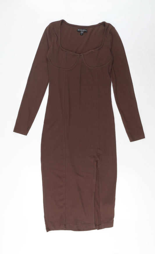 Brave Soul Womens Brown Cotton Bodycon Size S Square Neck Pullover - Side Slit