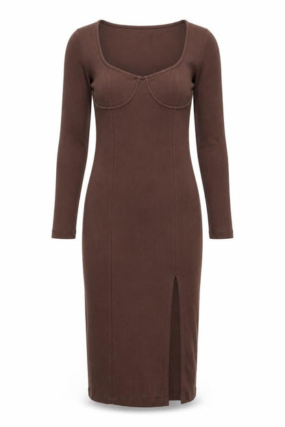 Brave Soul Womens Brown Cotton Bodycon Size S Square Neck Pullover - Side Slit