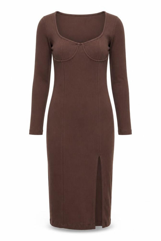 Brave Soul Womens Brown Cotton Bodycon Size S Square Neck Pullover - Side Slit