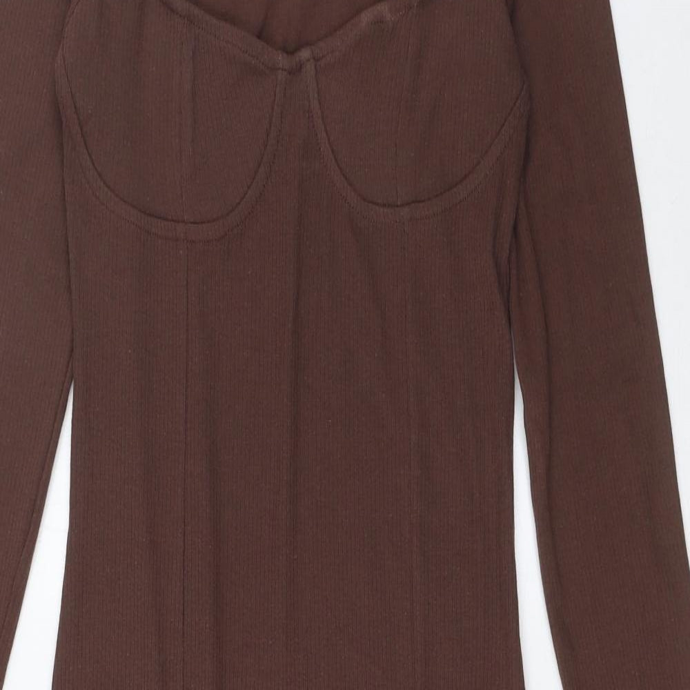 Brave Soul Womens Brown Cotton Bodycon Size S Square Neck Pullover - Side Slit