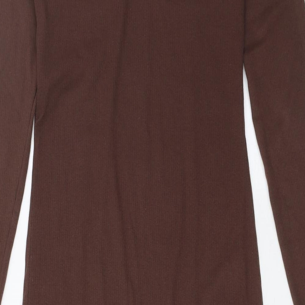 Brave Soul Womens Brown Cotton Bodycon Size S Square Neck Pullover - Side Slit