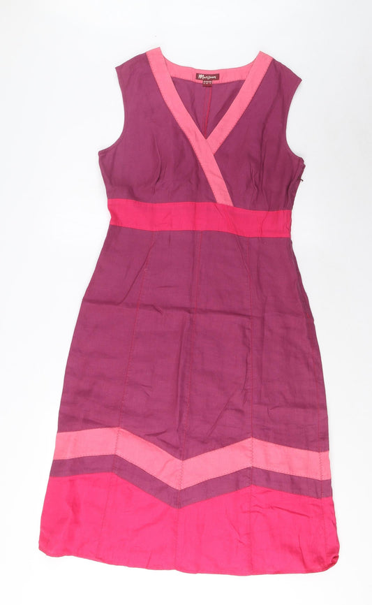 Monsoon Womens Multicoloured Striped Linen A-Line Size 12 V-Neck Zip