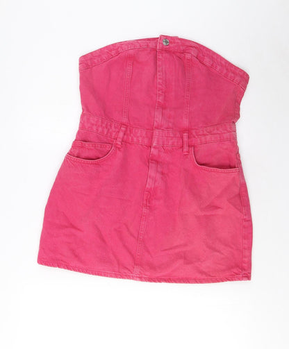 Zara Womens Pink Cotton A-Line Size L Square Neck Button - Pockets