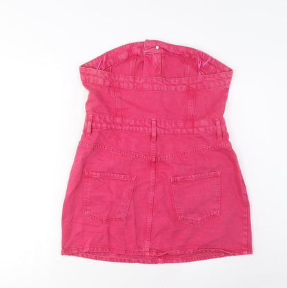 Zara Womens Pink Cotton A-Line Size L Square Neck Button - Pockets
