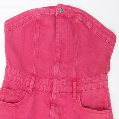Zara Womens Pink Cotton A-Line Size L Square Neck Button - Pockets
