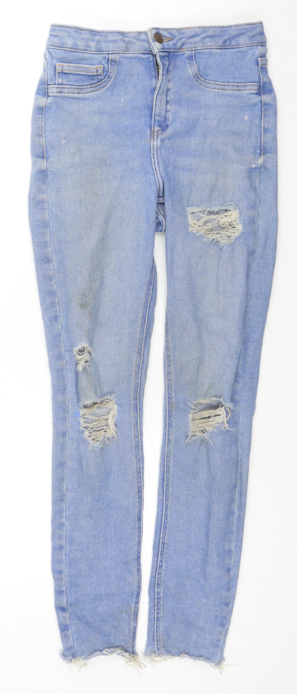 New Look Girls Blue Cotton Skinny Jeans Size 14 Years L27 in Regular Zip - Distressed