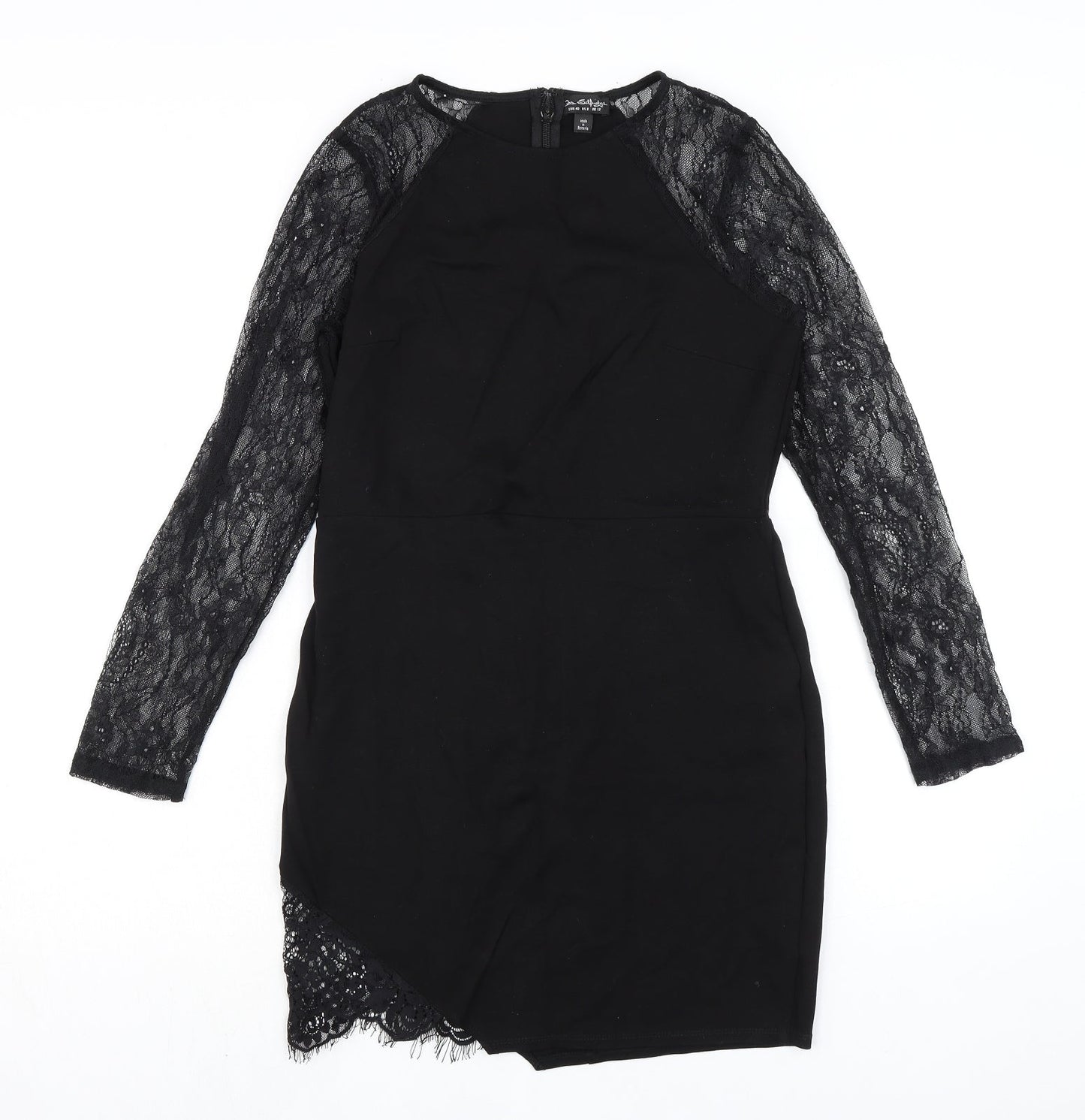 Miss Selfridge Womens Black Viscose Pencil Dress Size 12 Round Neck Zip - Lace Sleeves