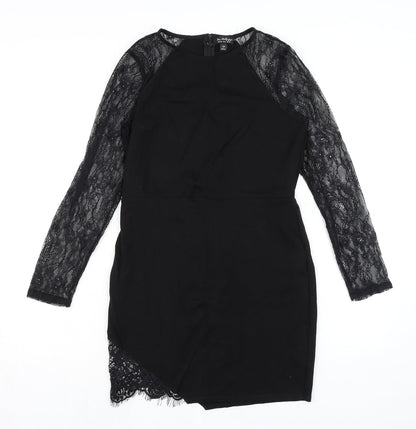 Miss Selfridge Womens Black Viscose Pencil Dress Size 12 Round Neck Zip - Lace Sleeves