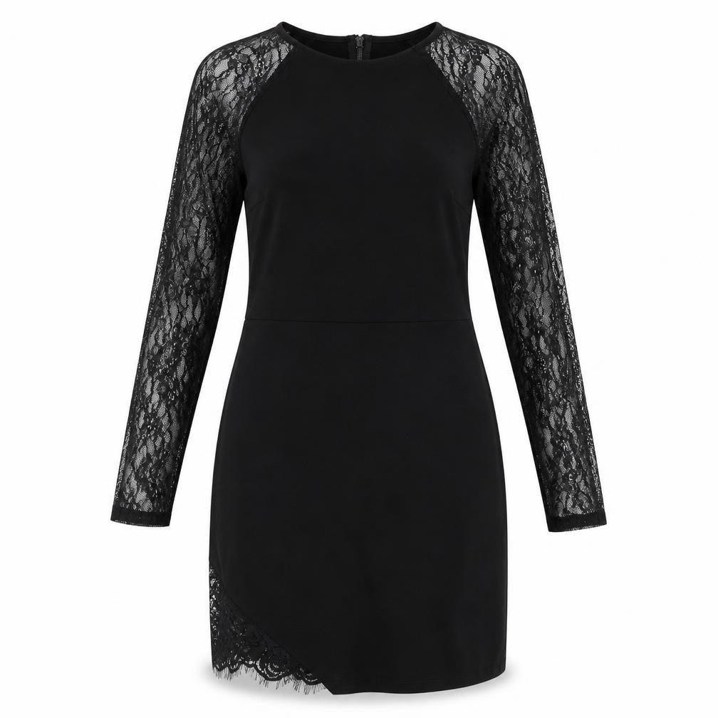 Front view of Miss Selfridge women’s black viscose pencil dress, size UK 12, round neck zip - lace sleeves