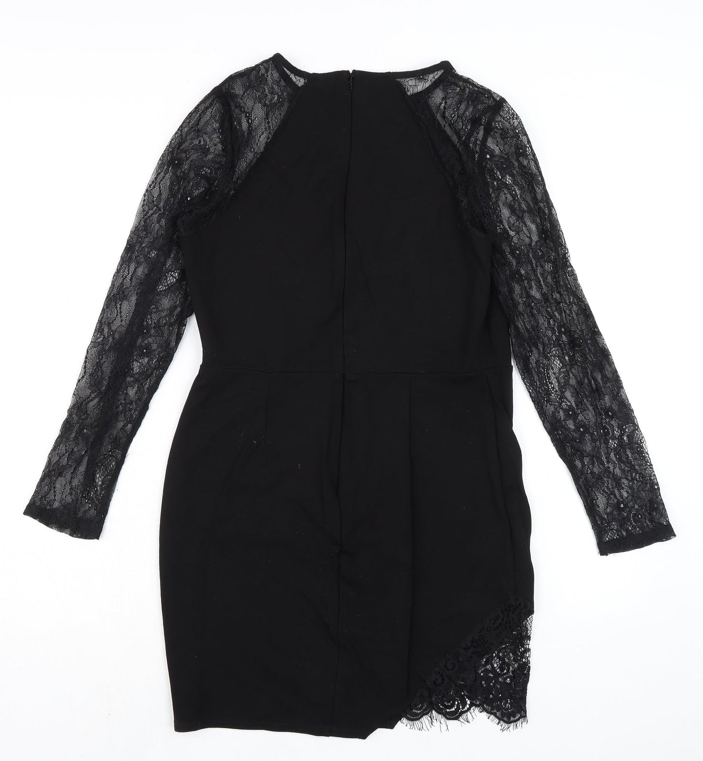 Miss Selfridge Womens Black Viscose Pencil Dress Size 12 Round Neck Zip - Lace Sleeves