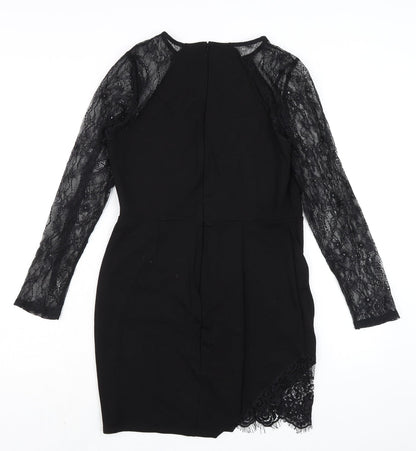 Miss Selfridge Womens Black Viscose Pencil Dress Size 12 Round Neck Zip - Lace Sleeves