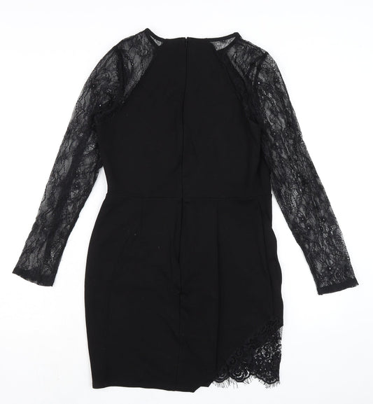 Miss Selfridge Womens Black Viscose Pencil Dress Size 12 Round Neck Zip - Lace Sleeves