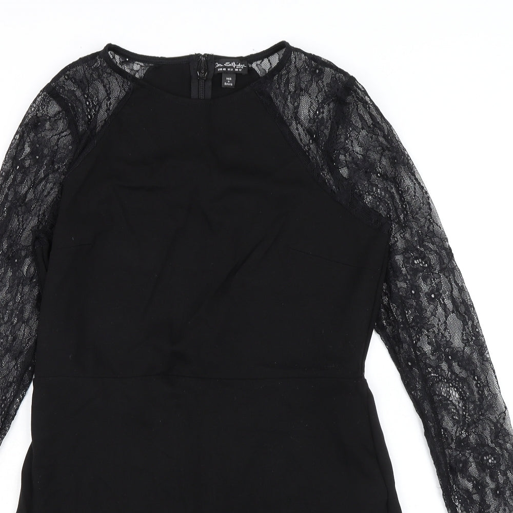 Miss Selfridge Womens Black Viscose Pencil Dress Size 12 Round Neck Zip - Lace Sleeves