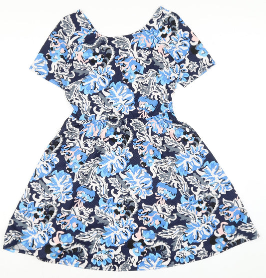 Dorothy Perkins Womens Blue Floral Polyester A-Line Size 10 Boat Neck Pullover