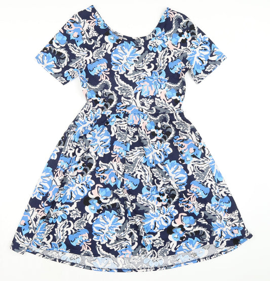 Dorothy Perkins Womens Blue Floral Polyester A-Line Size 10 Boat Neck Pullover