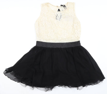 Izabel London Womens Black Cotton A-Line Size 12 Boat Neck Button - Lace Detail