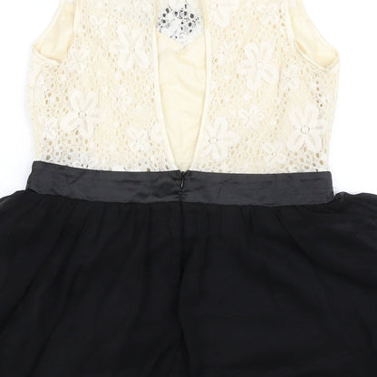 Izabel London Womens Black Cotton A-Line Size 12 Boat Neck Button - Lace Detail