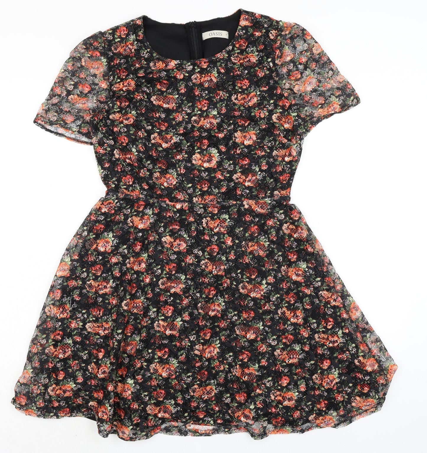 Oasis Womens Multicoloured Floral Polyester A-Line Size M Round Neck Zip - Lace Overlay