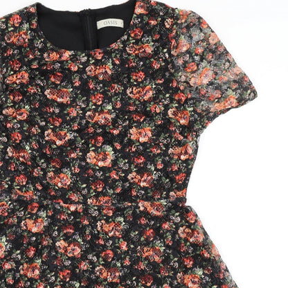 Oasis Womens Multicoloured Floral Polyester A-Line Size M Round Neck Zip - Lace Overlay