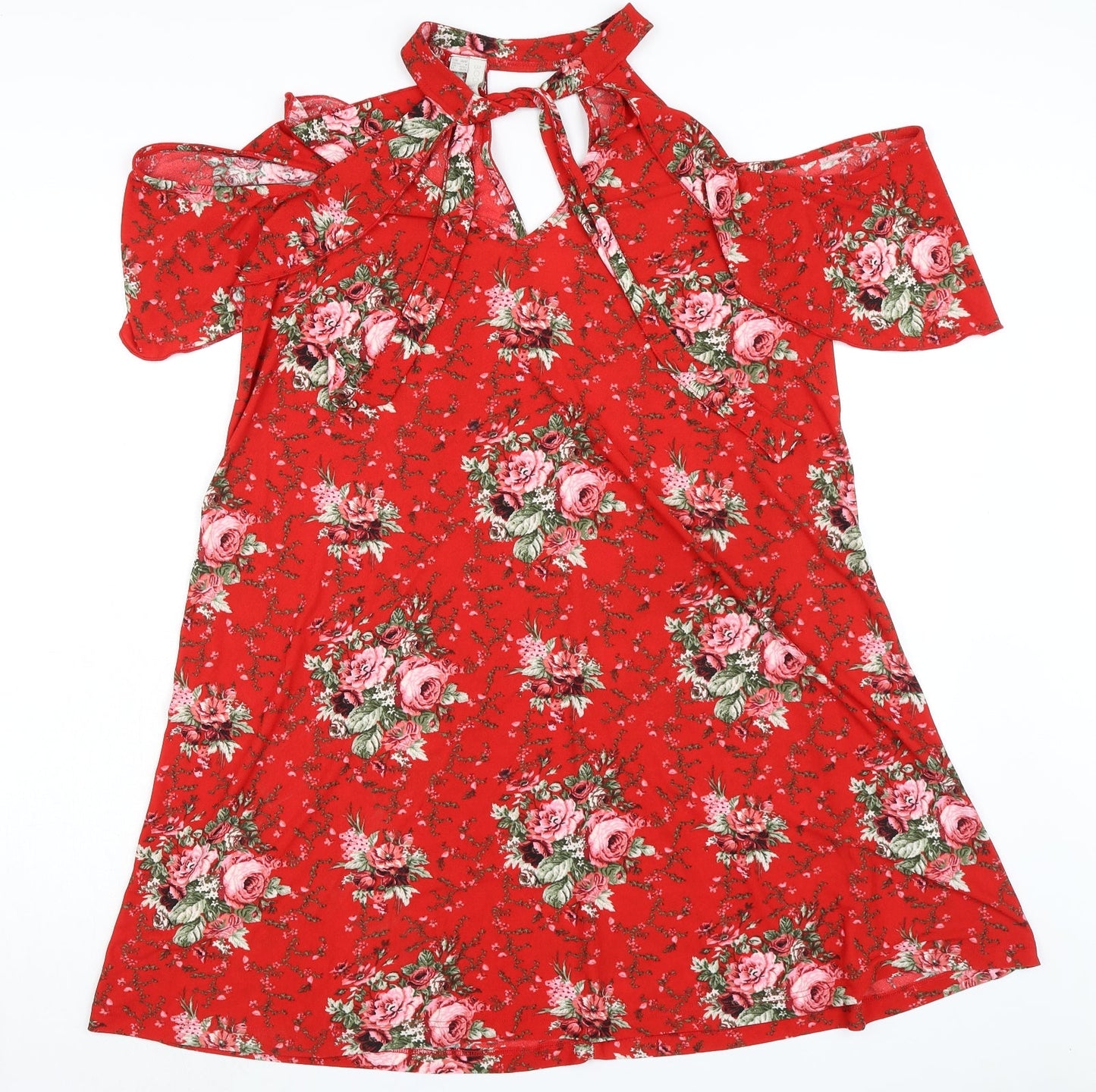 Body Flirt Womens Red Floral Polyester A-Line Size M Mock Neck Tie - Cold Shoulder