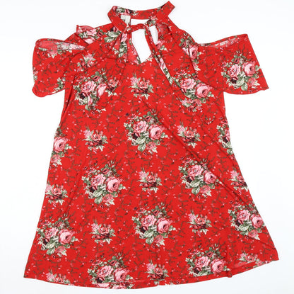 Body Flirt Womens Red Floral Polyester A-Line Size M Mock Neck Tie - Cold Shoulder