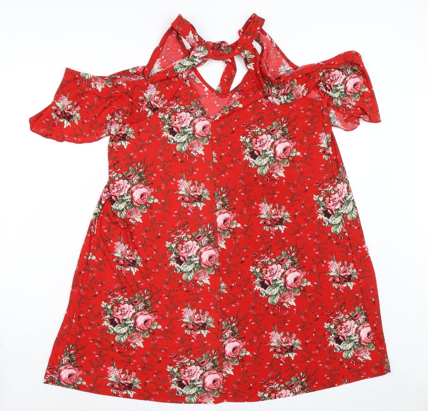 Body Flirt Womens Red Floral Polyester A-Line Size M Mock Neck Tie - Cold Shoulder