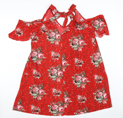 Body Flirt Womens Red Floral Polyester A-Line Size M Mock Neck Tie - Cold Shoulder