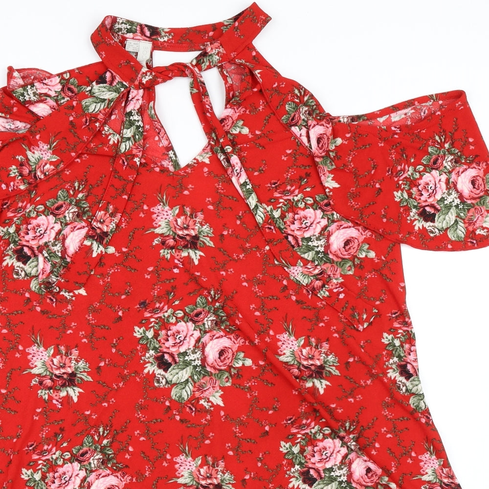 Body Flirt Womens Red Floral Polyester A-Line Size M Mock Neck Tie - Cold Shoulder