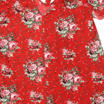 Body Flirt Womens Red Floral Polyester A-Line Size M Mock Neck Tie - Cold Shoulder