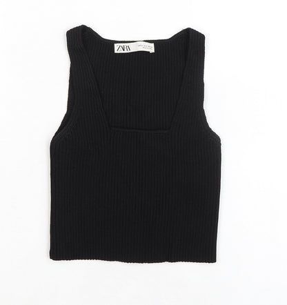 Zara Womens Black Viscose Basic Tank Size S Square Neck - Ribbed