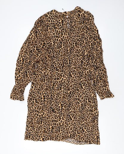 Marks and Spencer Womens Brown Animal Print Viscose A-Line Size 12 Round Neck Button