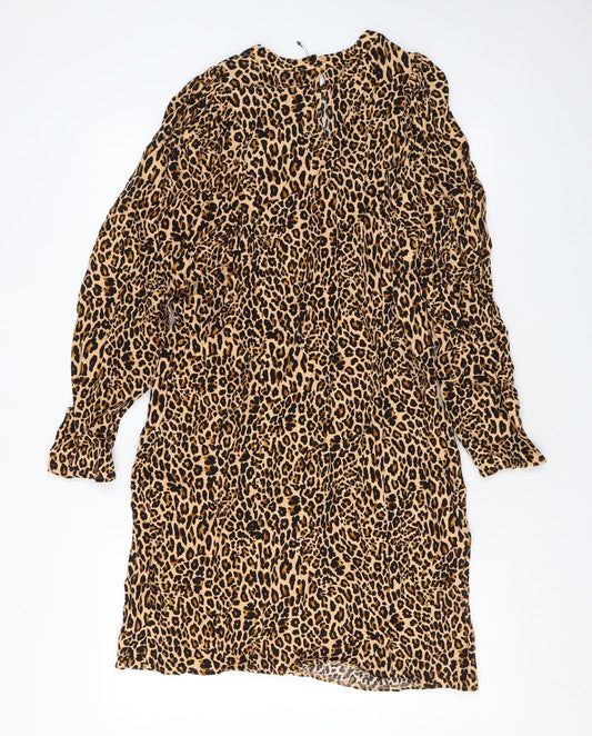 Marks and Spencer Womens Brown Animal Print Viscose A-Line Size 12 Round Neck Button