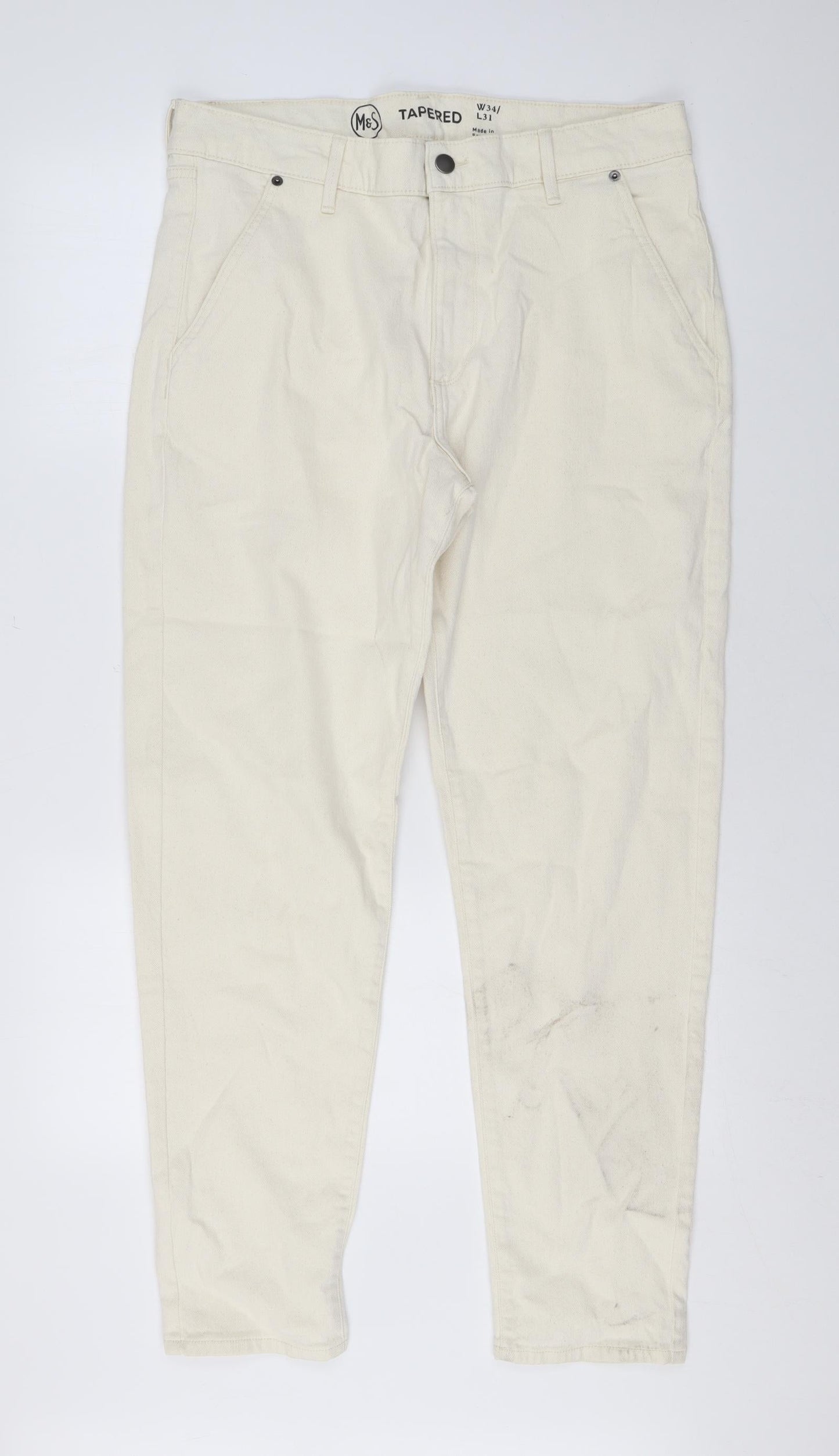 Marks and Spencer Mens Beige Cotton Straight Jeans Size 34 in L30 in Regular Zip