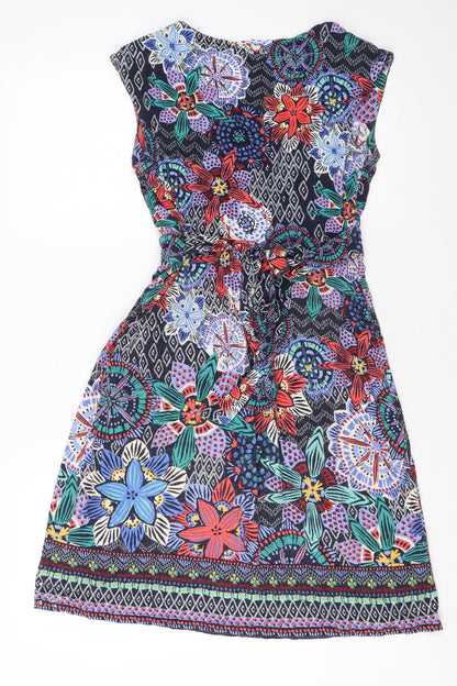 Monsoon Womens Multicoloured Geometric Viscose Skater Dress Size 8 V-Neck Pullover