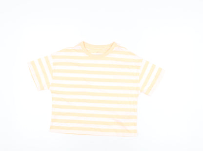 Marks and Spencer Boys White Striped Cotton Basic T-Shirt Size 8-9 Years Round Neck Pullover