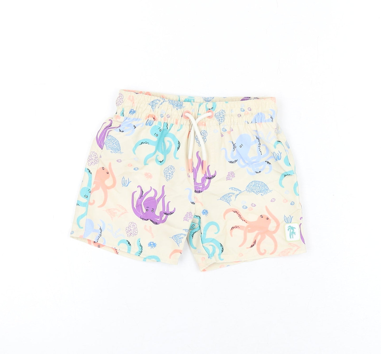 Marks and Spencer Boys Beige Geometric Polyester Shorts Outfit/Set Size 6-9 Months Drawstring - Octopus Print, Swim Shorts