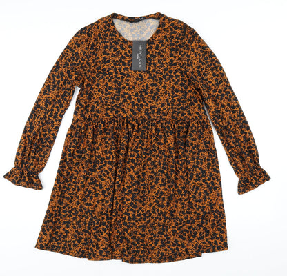 New Look Womens Orange Floral Polyester Trapeze & Swing Size 8 Round Neck Pullover