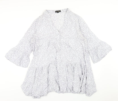 QED London Womens Grey Animal Print Viscose Trapeze & Swing Size M V-Neck Pullover