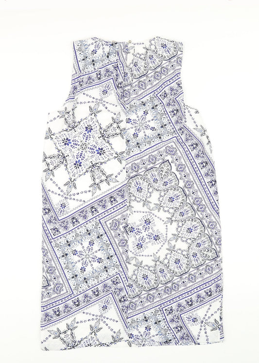 H&M Womens Blue Geometric Polyester A-Line Size 8 Round Neck Button