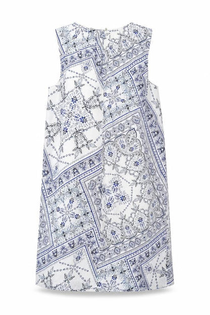 H&M Womens Blue Geometric Polyester A-Line Size 8 Round Neck Button