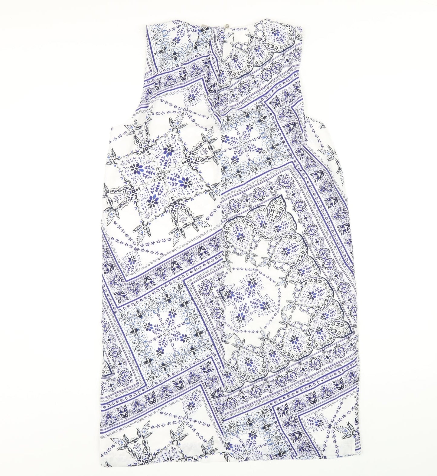 H&M Womens Blue Geometric Polyester A-Line Size 8 Round Neck Button