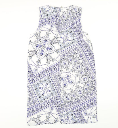 H&M Womens Blue Geometric Polyester A-Line Size 8 Round Neck Button