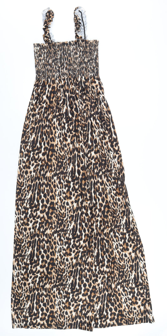 Boohoo Womens Brown Animal Print Polyester A-Line Size 8 Square Neck Pullover - Leopard Print