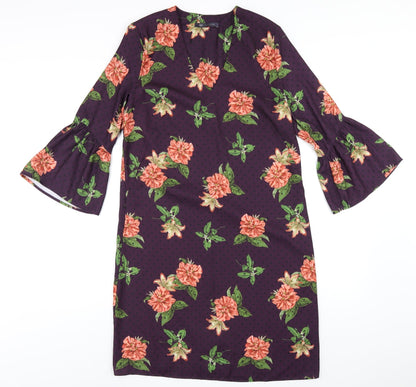 Marks and Spencer Womens Purple Floral Polyester A-Line Size 10 V-Neck Pullover