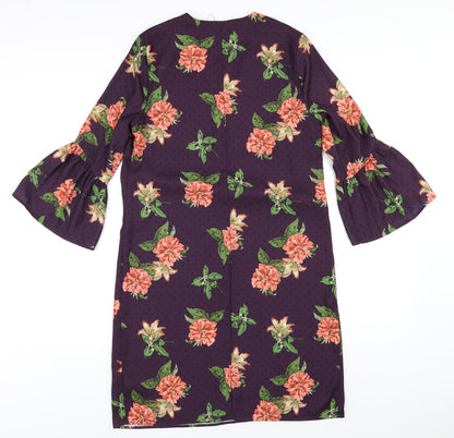 Marks and Spencer Womens Purple Floral Polyester A-Line Size 10 V-Neck Pullover