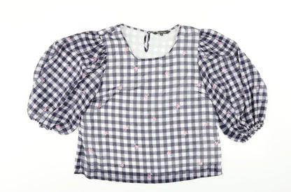 Bonmarché Womens Blue Check Polyester Basic T-Shirt Size 12 Round Neck