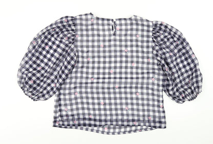 Bonmarché Womens Blue Check Polyester Basic T-Shirt Size 12 Round Neck